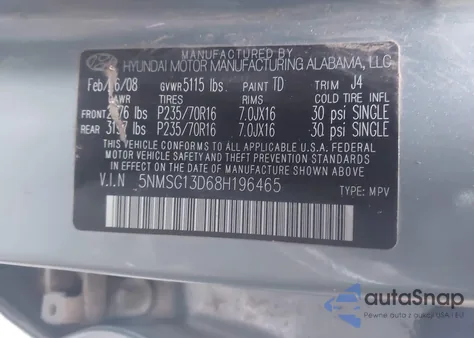 2008 Hyundai Santa Fe Gls z USA, uszkodzony, nr VIN 5NMSG13D68H196465